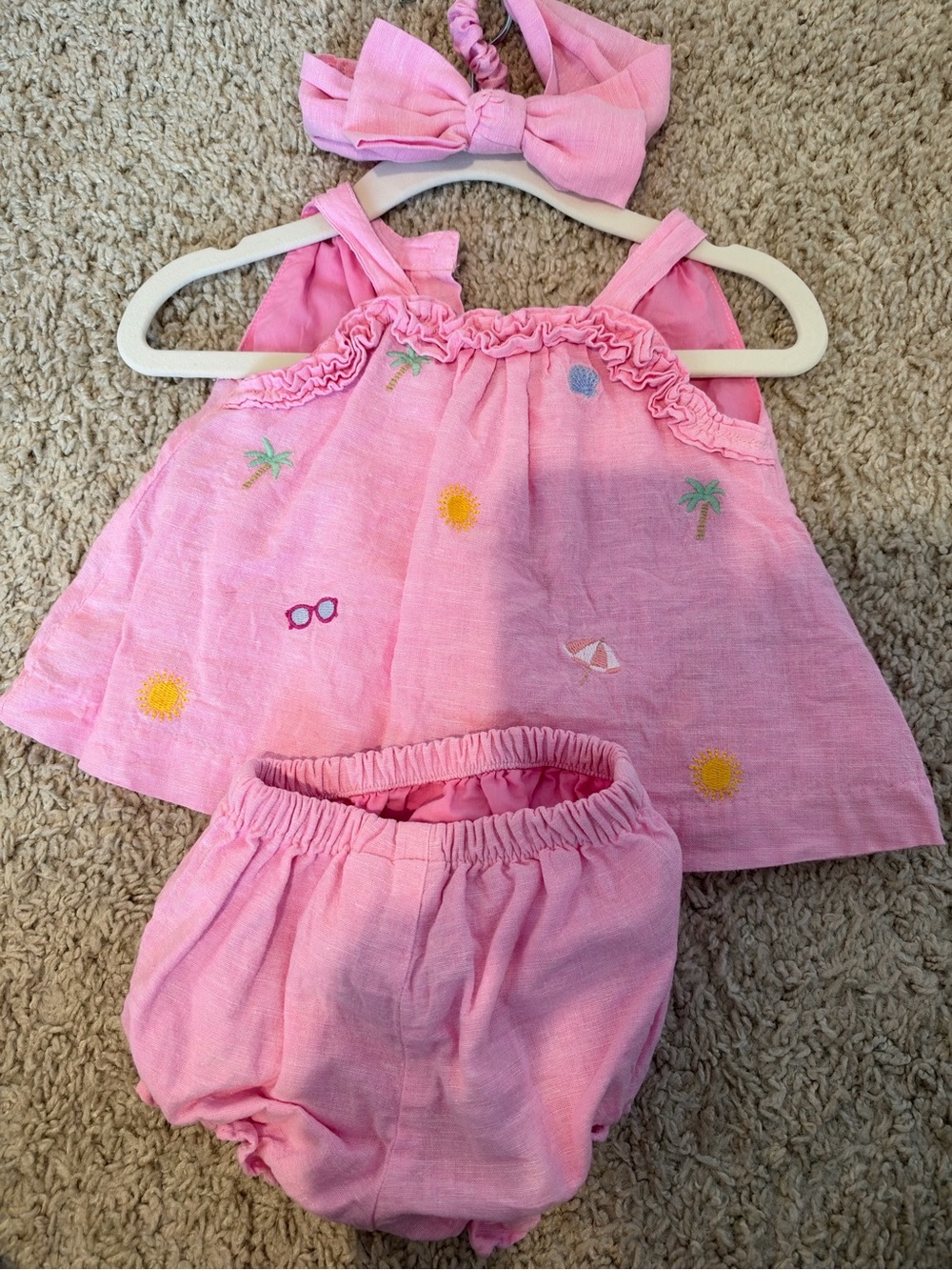 Janie and Jack Pink Embroidered Summer Top, Bloomers & Headband Set